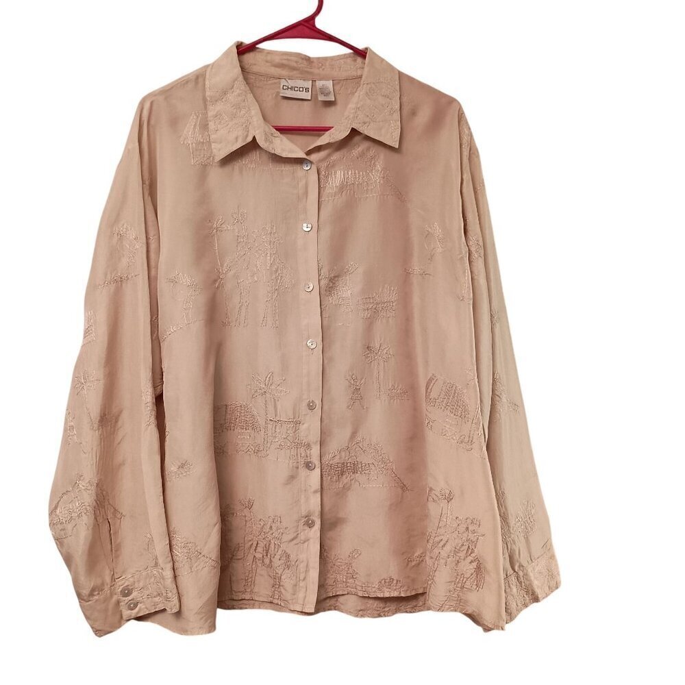 Chico's Womens 100% Silk Blouse, Jungle Print Embroidery, Button Up, Lagenlook